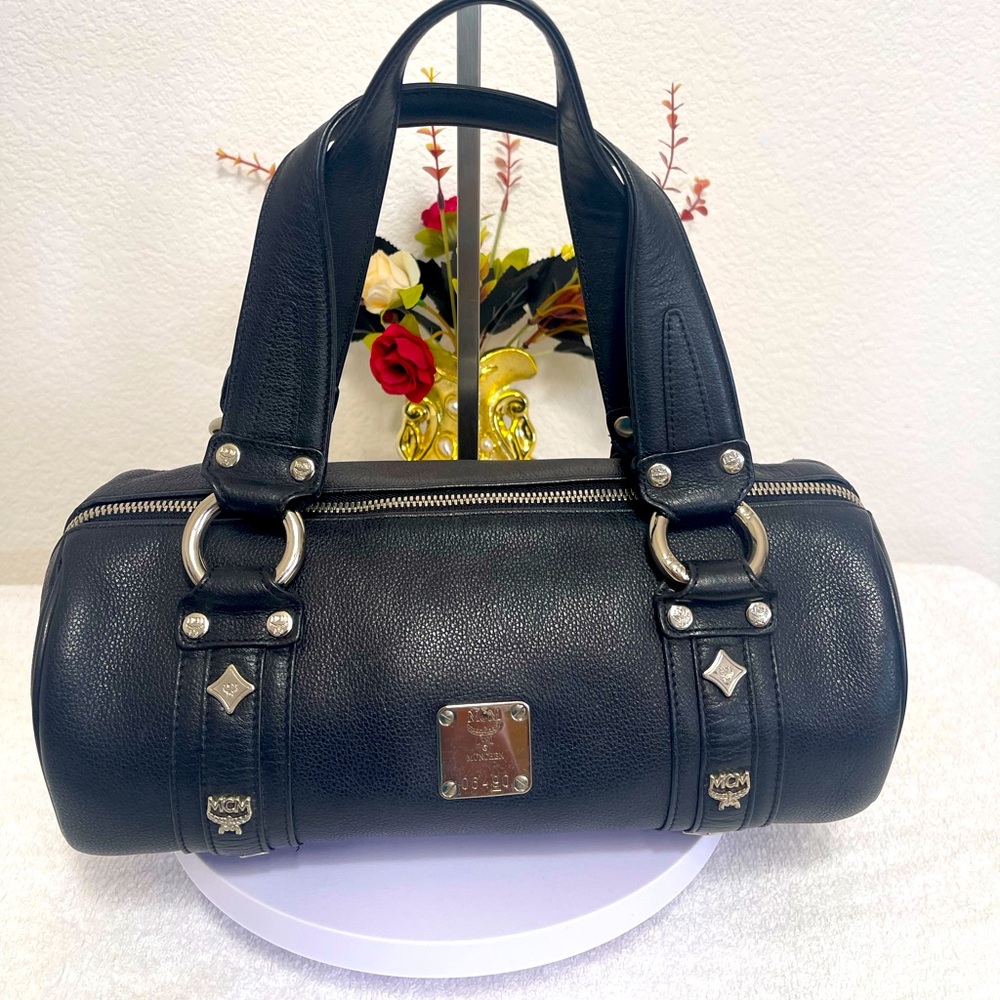 Authentic MCM Black Calfskin Leather Studded Barrel Boston Bag WITH COA